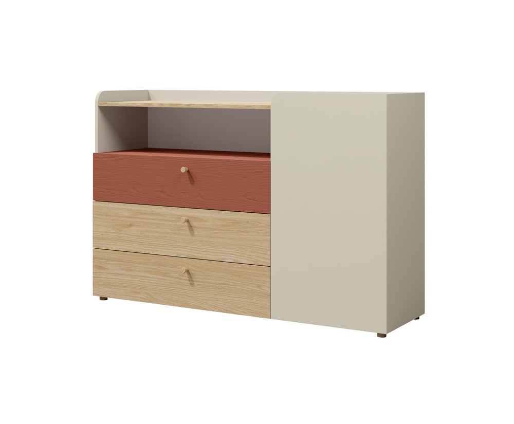 Große Jugendkommode Breite 140 cm, mit 3 Schubladen und Schränkchen, Sideboard mit korallenrotem Akzent, JUKI 08