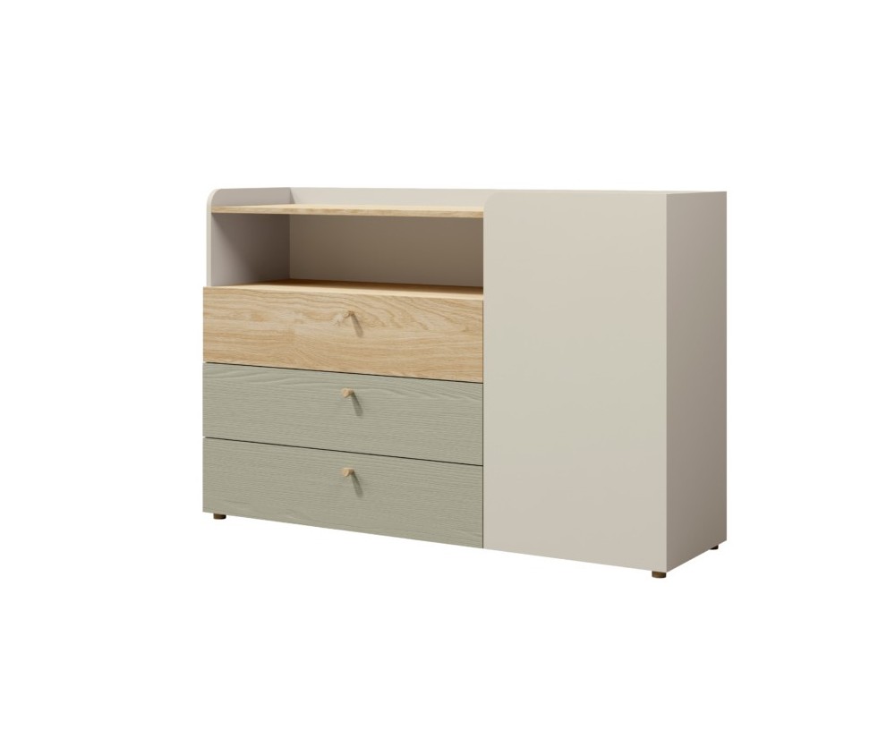 Große Jugendkommode Breite 140 cm, mit 3 Schubladen und Schränkchen, Sideboard graubeige/Eiche geölt/Eukalyptus, JUKI 08