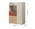Kommode Breite 80 cm für Jugendzimmer, mit offenem Regal und 3 Schubladen, graubeige/Eiche geölt/korallenrot, JUKI 07
