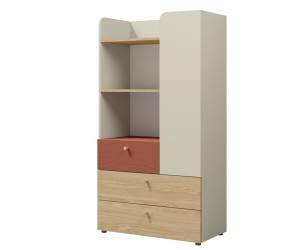 JUKI 06 Regal Breite 80 cm für Jugendzimmer, Kommode mit offenen Regalen und 3 Schubladen, graubeige/Eiche geölt/korallenrot
