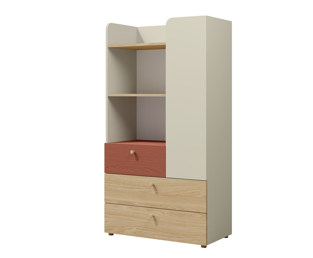JUKI 06 Regal Breite 80 cm für Jugendzimmer, Kommode mit offenen Regalen und 3 Schubladen, graubeige/Eiche geölt/korallenrot