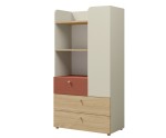 JUKI 06 Regal Breite 80 cm für Jugendzimmer, Kommode mit offenen Regalen und 3 Schubladen, graubeige/Eiche geölt/korallenrot