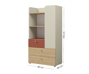 JUKI 06 Regal Breite 80 cm für Jugendzimmer, Kommode mit offenen Regalen und 3 Schubladen, graubeige/Eiche geölt/korallenrot
