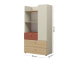 JUKI 06 Regal Breite 80 cm für Jugendzimmer, Kommode mit offenen Regalen und 3 Schubladen, graubeige/Eiche geölt/korallenrot