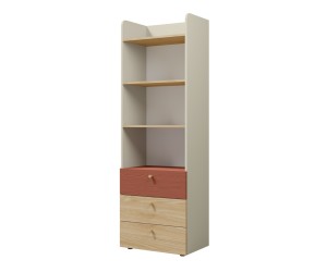 Hohes Bücherregal Breite 60 cm für Jugendzimmer, mit offenen Fächern und 3 Schubladen, graubeige/Eiche geölt/korallenrot,JUKI 05
