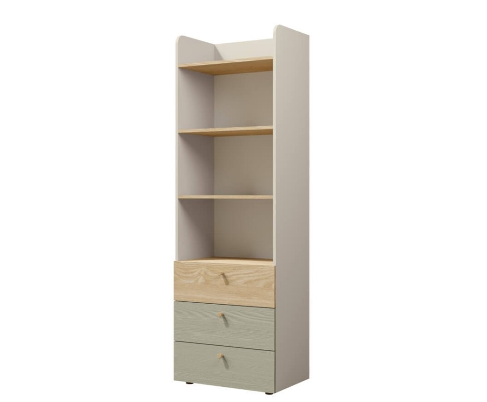 Hohes Bücherregal Breite 60 cm für Jugendzimmer, mit offenen Fächern und 3 Schubladen, graubeige/Eiche geölt/Eukalyptus, JUKI 05