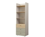 Hohes Bücherregal Breite 60 cm für Jugendzimmer, mit offenen Fächern und 3 Schubladen, graubeige/Eiche geölt/Eukalyptus, JUKI 05