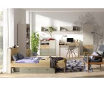 Hohes Bücherregal Breite 60 cm für Jugendzimmer, mit offenen Fächern und 3 Schubladen, graubeige/Eiche geölt/Eukalyptus, JUKI 05