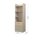 Hohes Bücherregal Breite 60 cm für Jugendzimmer, mit offenen Fächern und 3 Schubladen, graubeige/Eiche geölt/Eukalyptus, JUKI 05