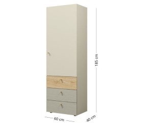 JUKI 04 Kleiderschrank eintürig für Jugendzimmer, mit Schubladen, graubeige/Eiche geölt/Eukalyptus