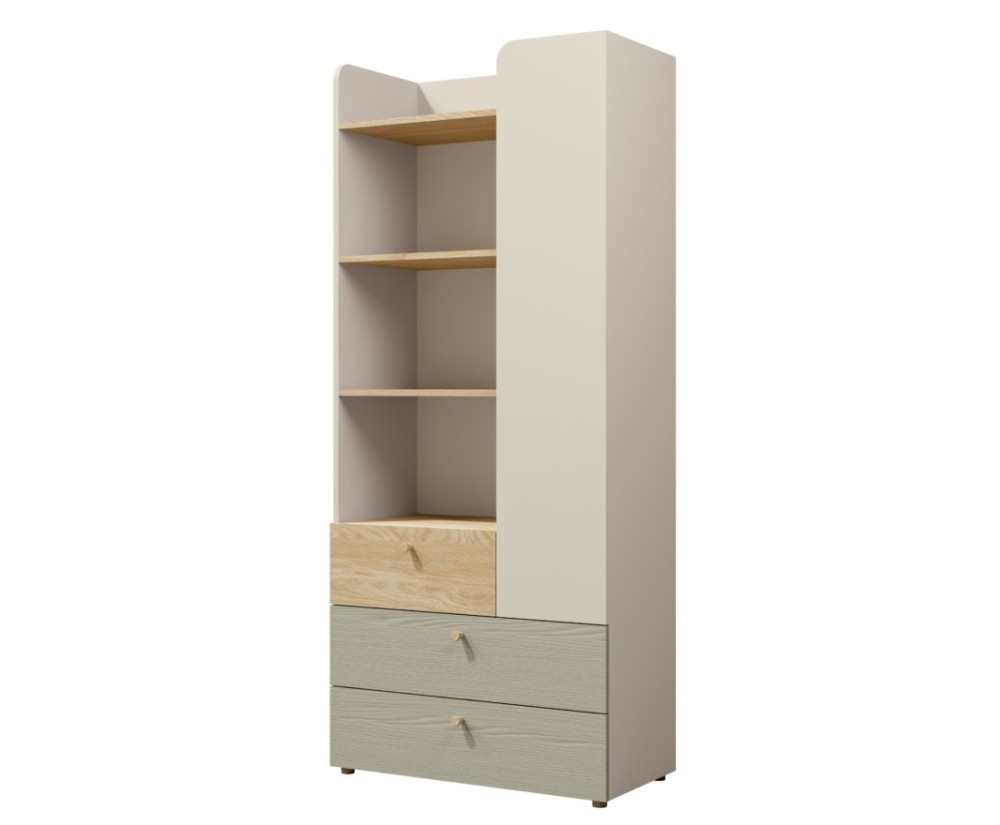 Funktionales Jugendregal mit offenen Fächern und Schubladen, Graubeige/Eiche geölt/Eukalyptus, JUKI 03