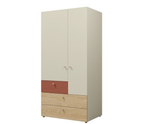 JUKI 02 Kleiderschrank zweitürig mit Schubladen, Schrank für Jugendzimmer, graubeige/Eiche geölt/korallenrot