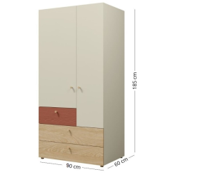 JUKI 02 Kleiderschrank zweitürig mit Schubladen, Schrank für Jugendzimmer, graubeige/Eiche geölt/korallenrot