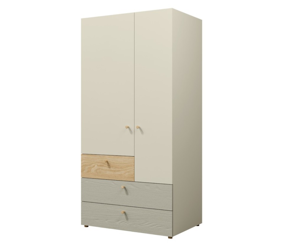 JUKI 02 Kleiderschrank zweitürig mit Schubladen, Schrank für Jugendzimmer, graubeige/Eiche geölt/Eukalyptus