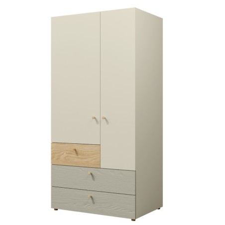 JUKI 02 Kleiderschrank zweitürig mit Schubladen, Schrank für Jugendzimmer, graubeige/Eiche geölt/Eukalyptus