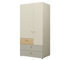 JUKI 02 Kleiderschrank zweitürig mit Schubladen, Schrank für Jugendzimmer, graubeige/Eiche geölt/Eukalyptus