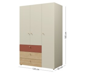 JUKI 01 Kleiderschrank 120 cm dreitürig mit Schubladen, Schrank für Jugendzimmer, graubeige/Eiche geölt/korallenrot