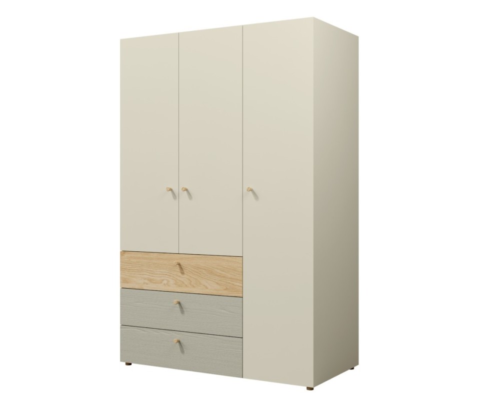JUKI 01 Kleiderschrank 120 cm dreitürig mit Schubladen, Schrank für Jugendzimmer, graubeige/Eiche geölt/Eukalyptus