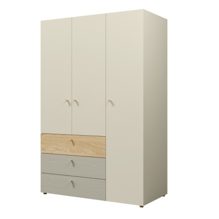 JUKI 01 Kleiderschrank 120 cm dreitürig mit Schubladen, Schrank für Jugendzimmer, graubeige/Eiche geölt/Eukalyptus