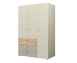 JUKI 01 Kleiderschrank 120 cm dreitürig mit Schubladen, Schrank für Jugendzimmer, graubeige/Eiche geölt/Eukalyptus