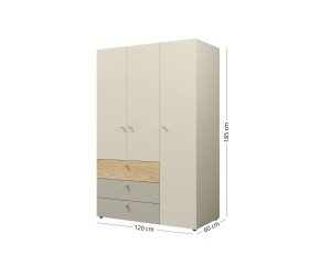 JUKI 01 Kleiderschrank 120 cm dreitürig mit Schubladen, Schrank für Jugendzimmer, graubeige/Eiche geölt/Eukalyptus