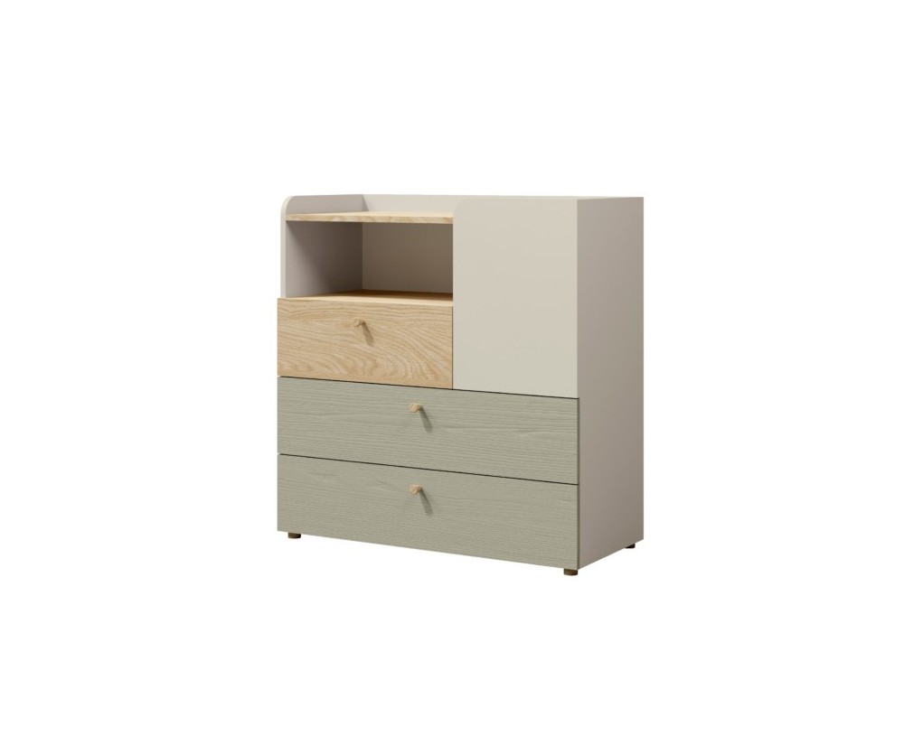 Jugendkommode Breite 90 cm mit 3 Schubladen, Sideboard in Graubeige/Eiche geölt/Eukalyptus, JUKI 10 Jugendkommode Breite 90 cm mit 3 Schubladen, Sideboard in Graubeige/Eiche geölt/Eukalyptus, JUKI 10