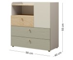Jugendkommode Breite 90 cm mit 3 Schubladen, Sideboard in Graubeige/Eiche geölt/Eukalyptus, JUKI 10 Jugendkommode Breite 90 cm mit 3 Schubladen, Sideboard in Graubeige/Eiche geölt/Eukalyptus, JUKI 10