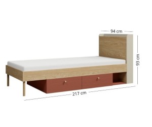 JUKI 13 L/P Jugendbett 90x200 mit Schubladen, Einzelbett im skandinavischen Stil, Graubeige/Eiche geölt/Korallenrot