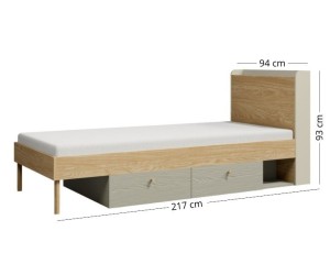 JUKI 13 L/P Jugendbett 90x200 mit Schubladen, Einzelbett im skandinavischen Stil, Graubeige/Eiche geölt/Eukalyptus