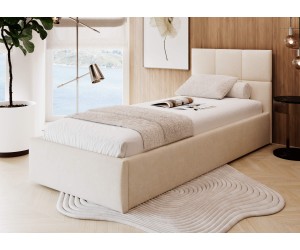 AZURO S07 Polsterbett 90x200 cm mit Bettkasten, Lattenrost, vom Fußteil geöffnet, Kopfteil mit Quadrat-Steppung