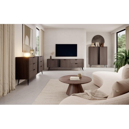 RIVAN Elegantes Möbelset für Wohnzimmer, Komplett-Set 3-teilig, Eiche Dunin/Schwarz