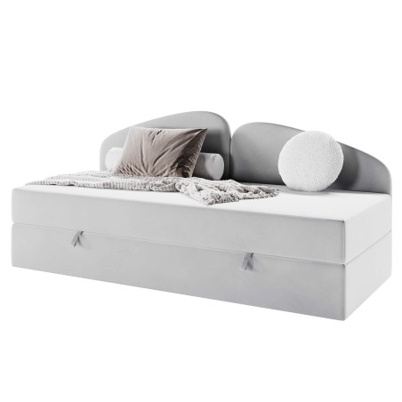 Jugendbett 90x200 cm, Polsterbett, Einzelbett mit Matratze und Bettkasten, LEONARD