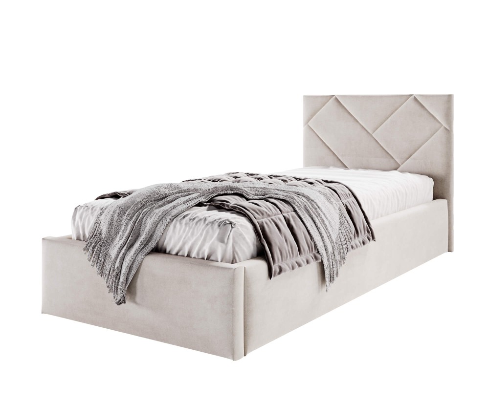 AZURO S03 Einzelbett 90x200 cm mit Bettkasten, Lattenrost und pflegeleichtem Stoff, vom Fußteil geöffnet