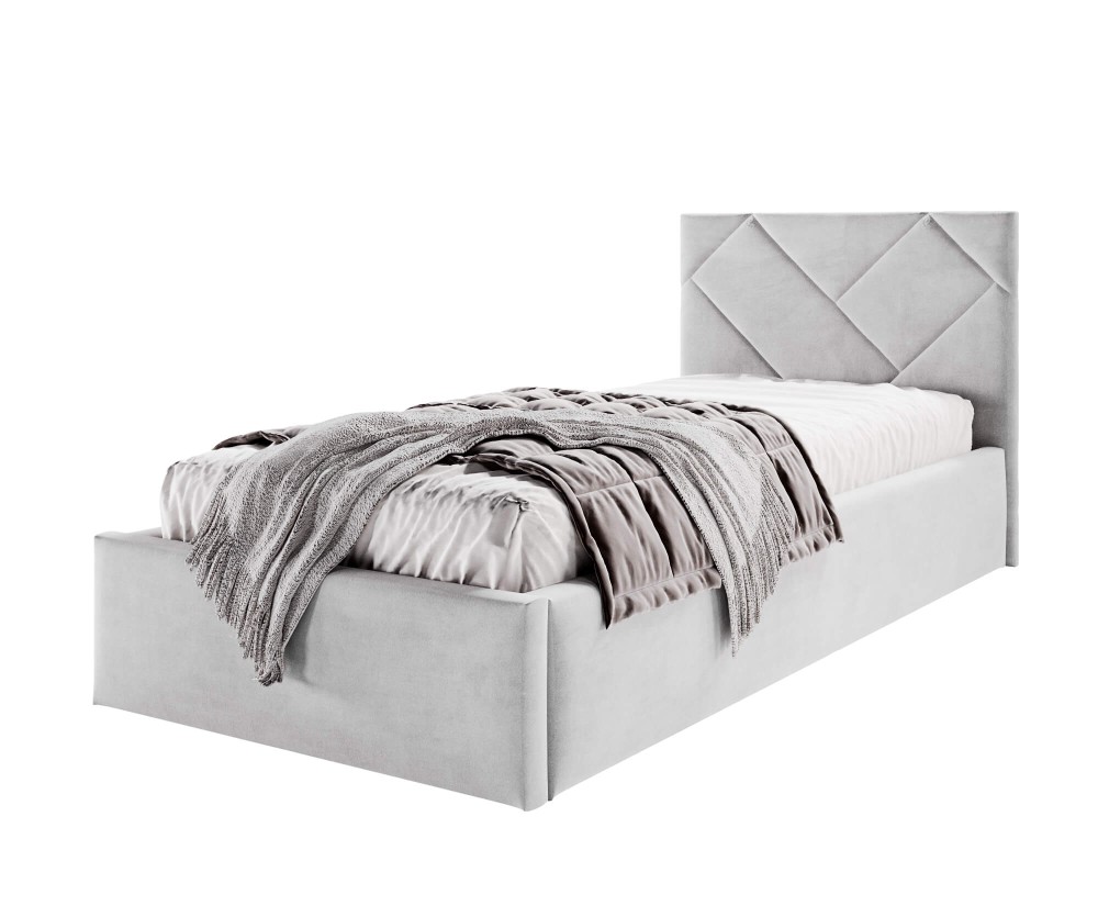 AZURO S03 Einzelbett 90x200 cm mit Bettkasten, Lattenrost und pflegeleichtem Stoff, vom Fußteil geöffnet