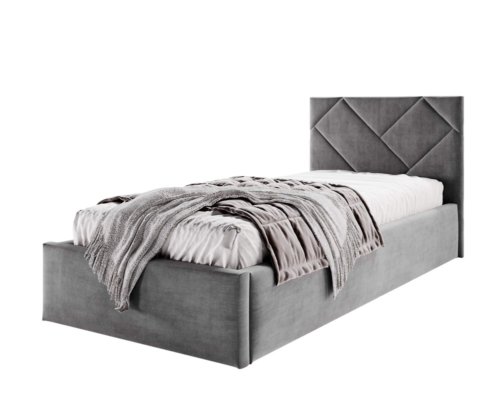 AZURO S03 Einzelbett 90x200 cm mit Bettkasten, Lattenrost und pflegeleichtem Stoff, vom Fußteil geöffnet