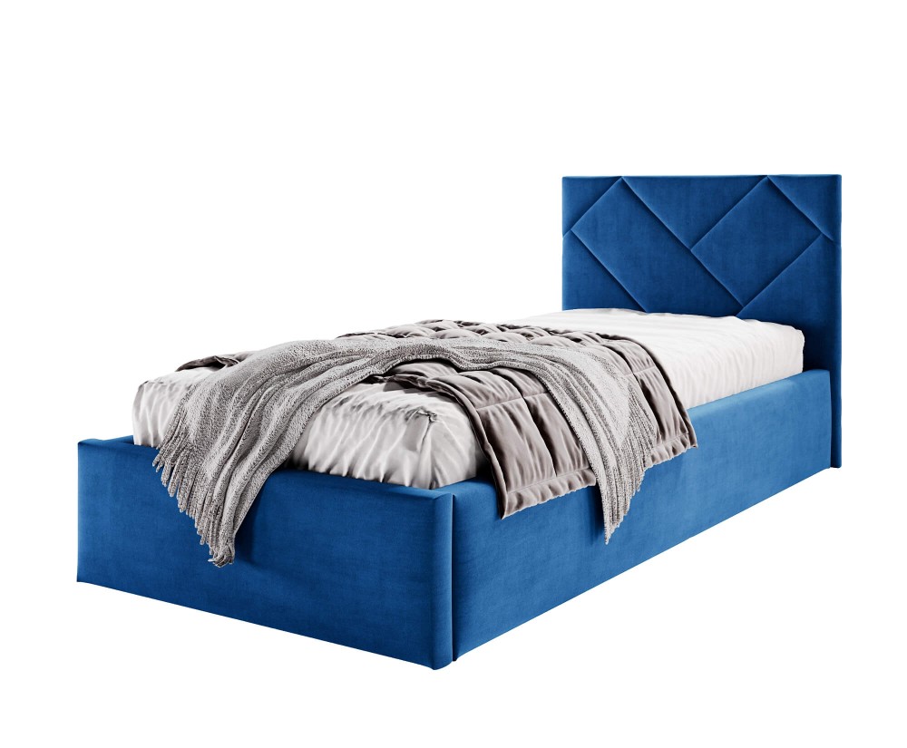 AZURO S03 Einzelbett 90x200 cm mit Bettkasten, Lattenrost und pflegeleichtem Stoff, vom Fußteil geöffnet