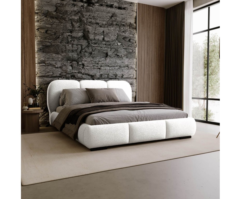 Designer Polsterbett 160x200 cm für Schlafzimmer, Ehebett mit Lattenrost, Bettkasten, Bouclé-Stoff, TIMOR