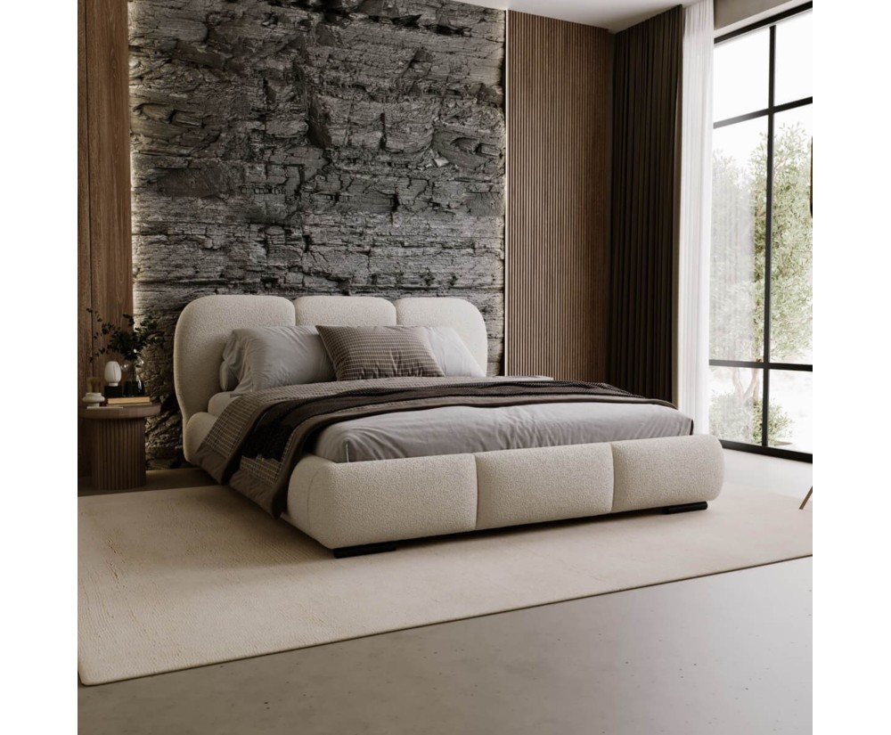 Designer Polsterbett 160x200 cm für Schlafzimmer, Ehebett mit Lattenrost, Bettkasten, Bouclé-Stoff, TIMOR