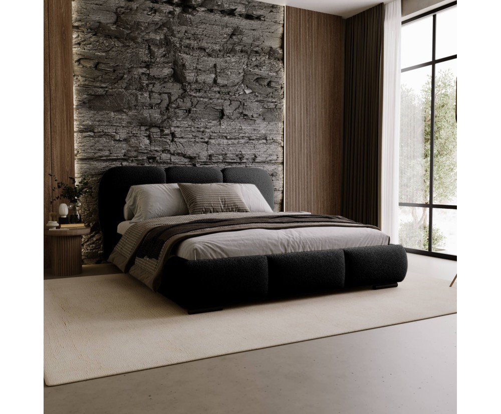 Elegantes Polsterbett 180x200 cm für Schlafzimmer, Ehebett mit Lattenrost, Bettkasten, Bouclé-Stoff, TIMOR Elegantes Polsterbett 180x200 cm für Schlafzimmer, Ehebett mit Lattenrost, Bettkasten, Bouclé-Stoff, TIMOR