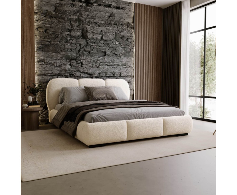 Elegantes Polsterbett 180x200 cm für Schlafzimmer, Ehebett mit Lattenrost, Bettkasten, Bouclé-Stoff, TIMOR