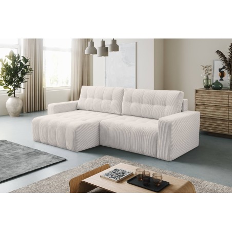 Stilvolles Ecksofa links / rechts mit Ausziehfunktion und Bettkasten, POSO-Stoff, MASONE