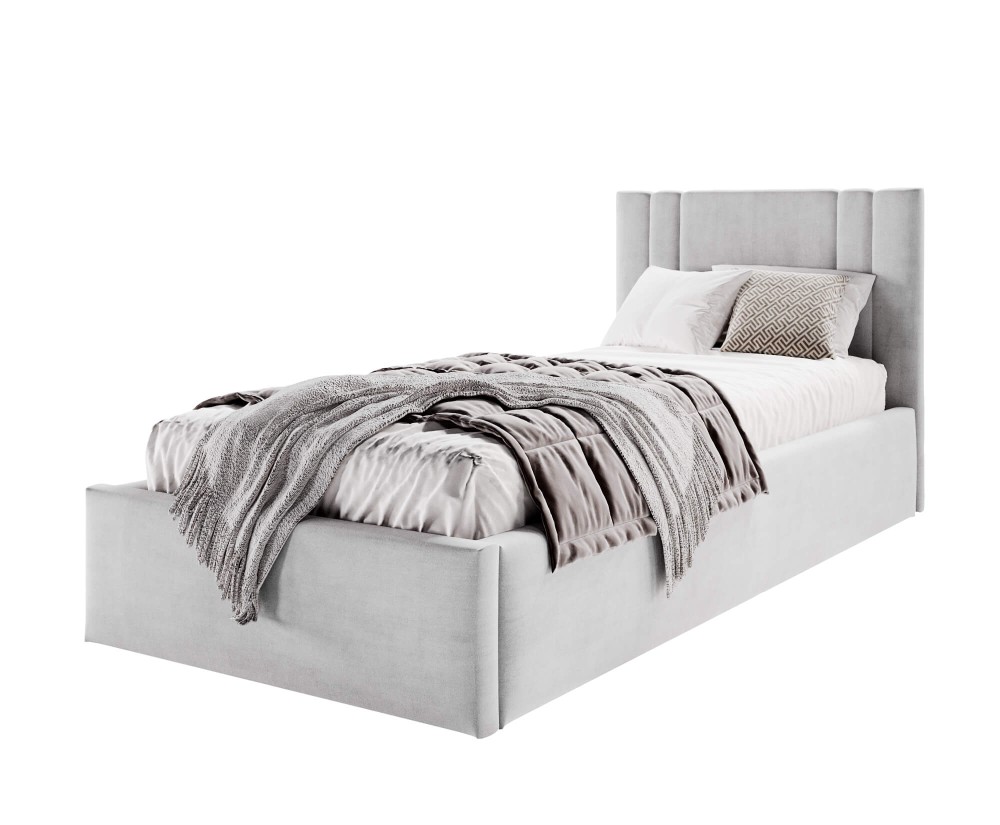 AZURO S08 Einzelbett 90x200 cm mit Bettkasten, Lattenrost und pflegeleichtem Stoff, vom Fußteil geöffnet