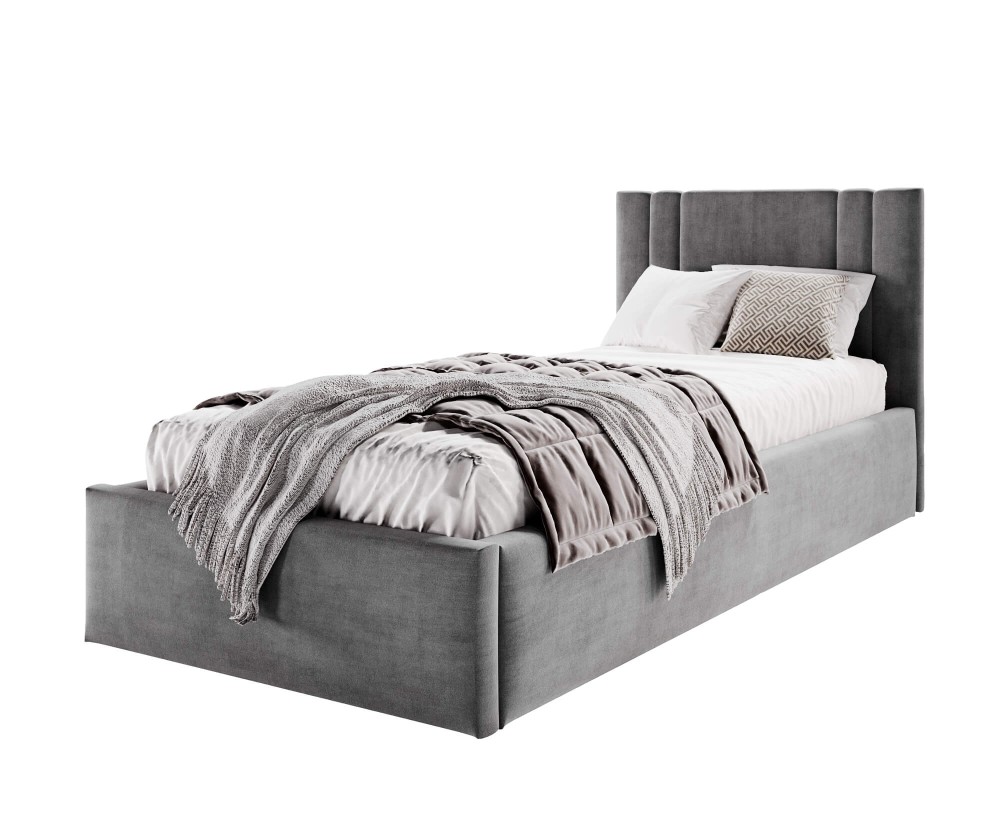 AZURO S08 Einzelbett 90x200 cm mit Bettkasten, Lattenrost und pflegeleichtem Stoff, vom Fußteil geöffnet