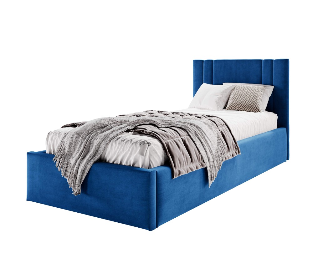 Einzelbett 100x200 cm mit Bettkasten, Lattenrost und pflegeleichtem Stoff, vom Fußteil geöffnet, AZURO S08