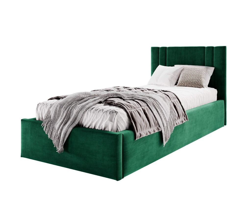 AZURO S08 Einzelbett 100x200 cm mit Bettkasten, Lattenrost und pflegeleichtem Stoff, vom Fußteil geöffnet