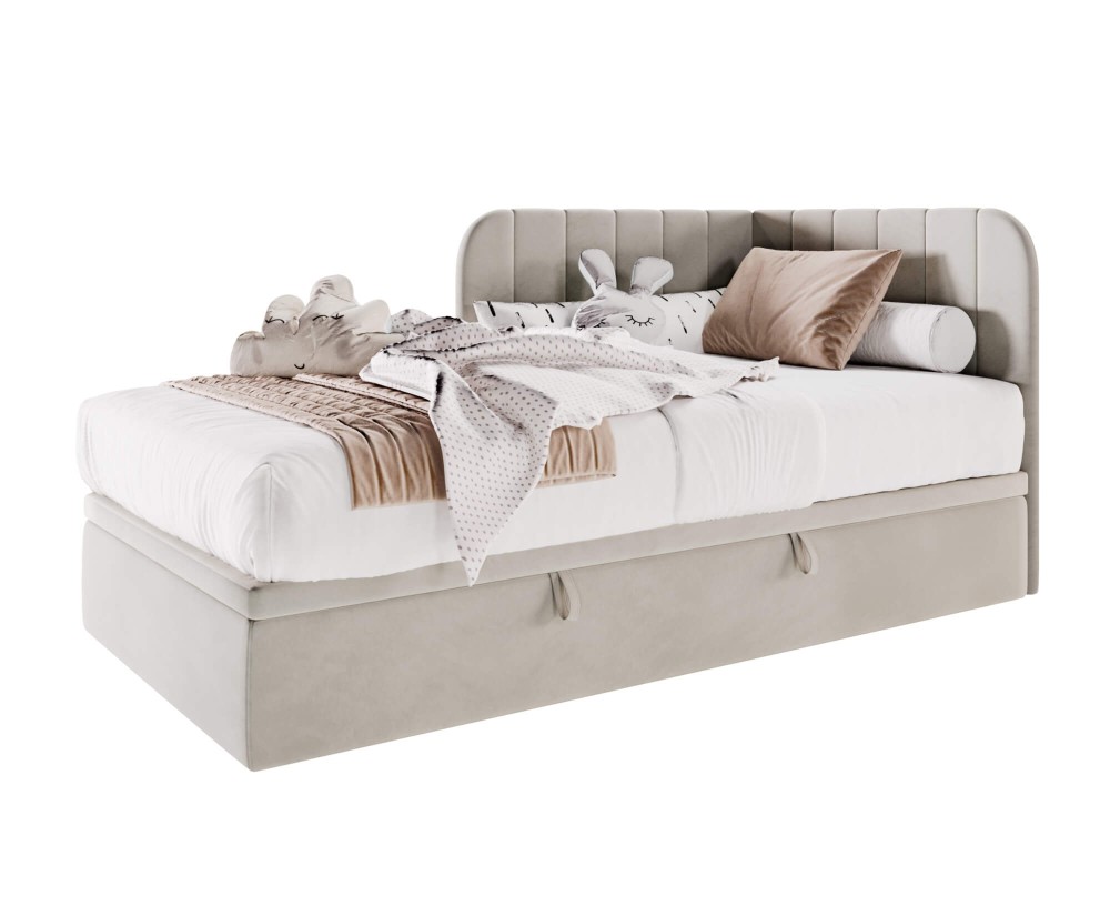 Komfortables Eckbett 90x200 cm mit Bettkasten, Einzelbett, Polsterbett für Jugendzimmer, KEVIN 1R