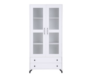 BERGAMO 2 Hochvitrine zweitürig Breite 90 cm, Standvitrine mit zwei Schubladen, Bücherregal, lux weiß / weiß glänzend