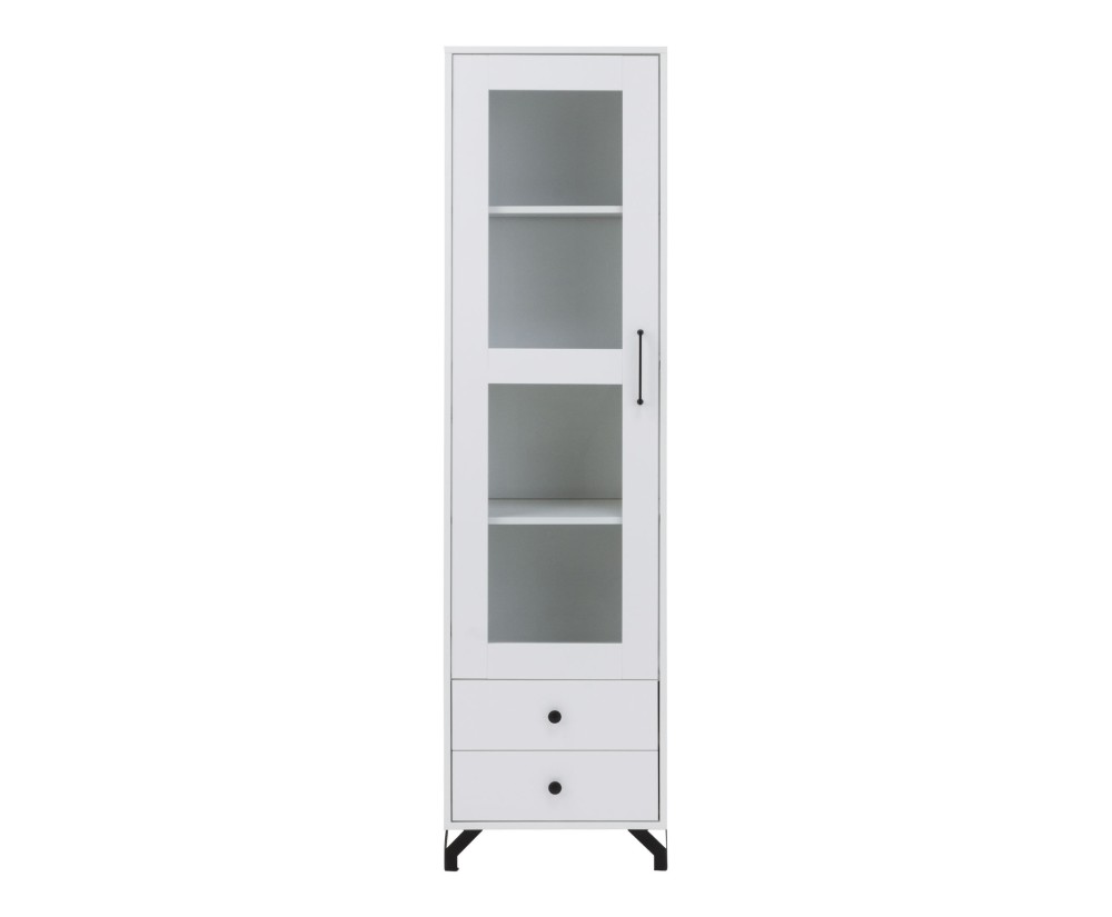 BERGAMO 3 Hochvitrine eintürig Breite 50 cm, Standvitrine mit zwei Schubladen, Bücherregal, lux weiß / weiß glänzend