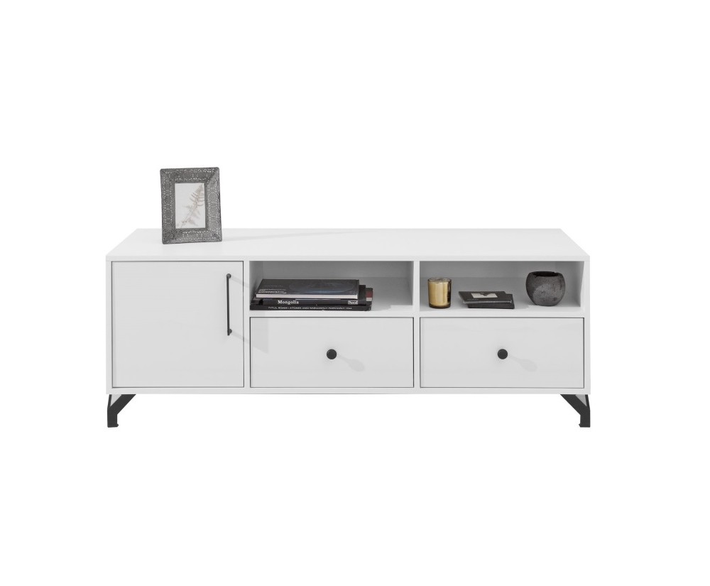 BERGAMO 8 TV-Schrank eintürig mit 2 Schubladen, Breite 140 cm, TV-Lowboard, lux weiß / weiß glänzend