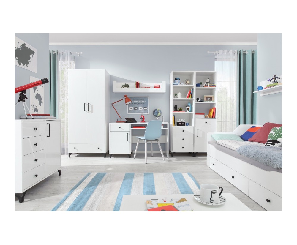 BERGAMO C Möbelset für Kinderzimmer, Jugendzimmer-Set, Komplett-Set 7 St., lux weiß / weiß glänzend